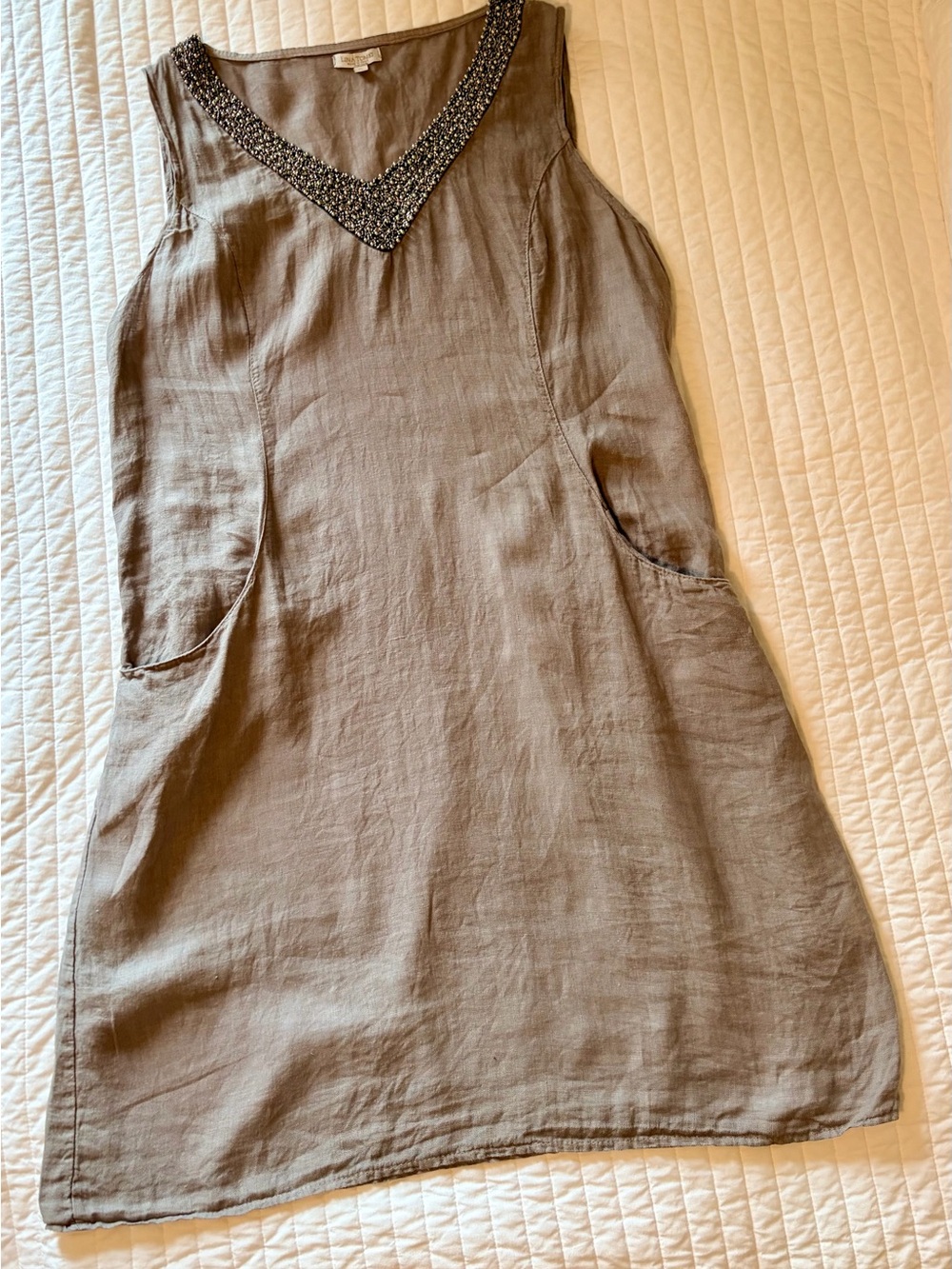 Beaded V-Neck Sleeveless Dress in Taupe